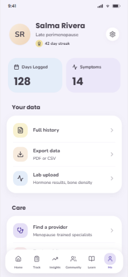 PeriPause profile screen