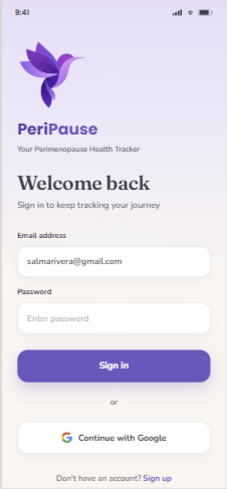 PeriPause login screen