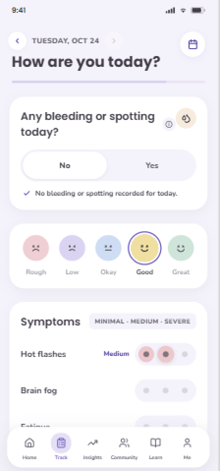 PeriPause tracking screen